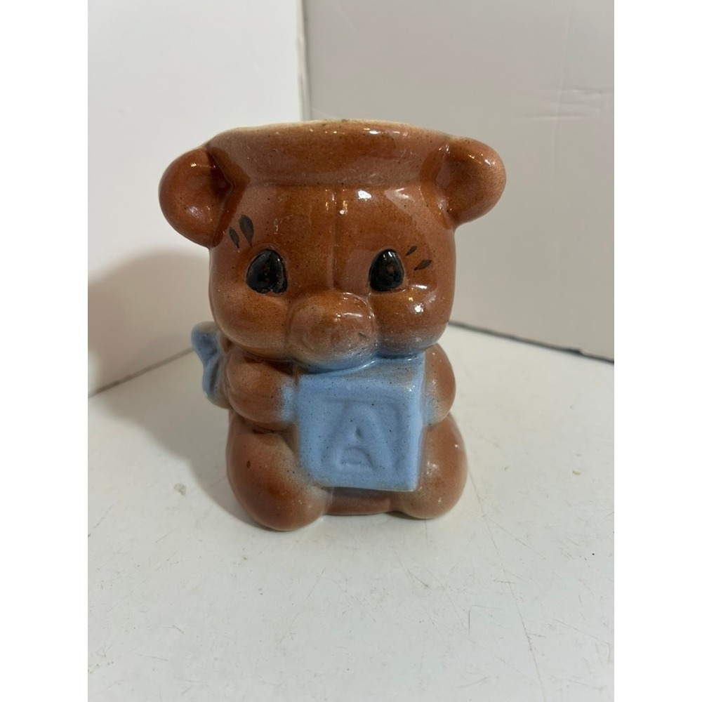 Vintage Ceramic Teddy Bear Planter Figurine Brown Blue Alphabet Block A 4 Inch